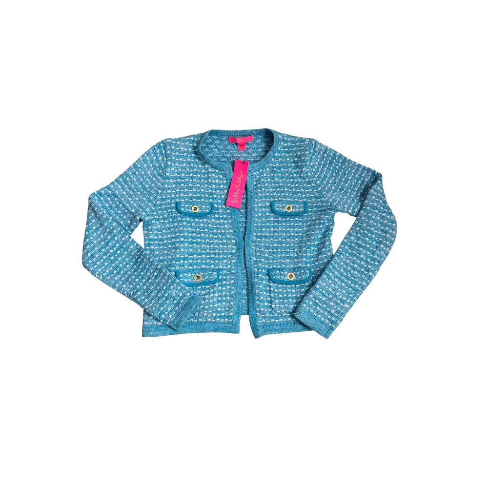 Lilly Pulitzer Kienna Cardigan Cumulus Blue Metallic Marl Knit Gold Button S NEW